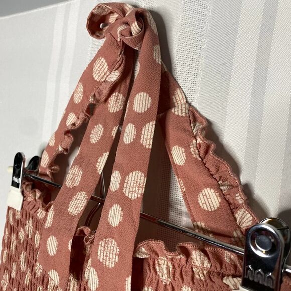 Candie's Smocked Sleeveless Polka Dot Halter Tie Jumpsuit Large Pink White New - Picture 3 of 12